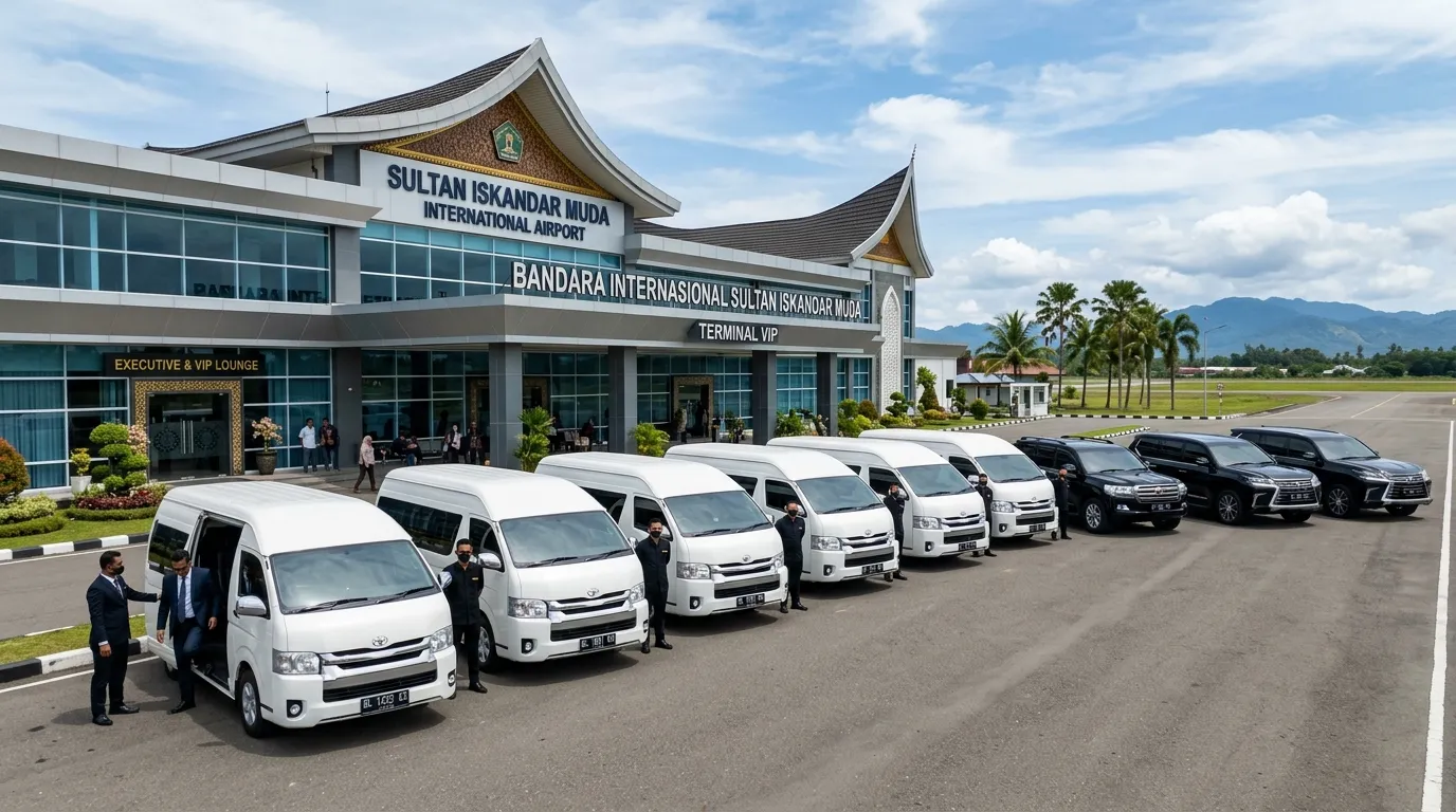Barisan armada rental HiAce Premio dan SUV mewah Malika Royal Trans di Terminal VIP Bandara Internasional Sultan Iskandar Muda Aceh