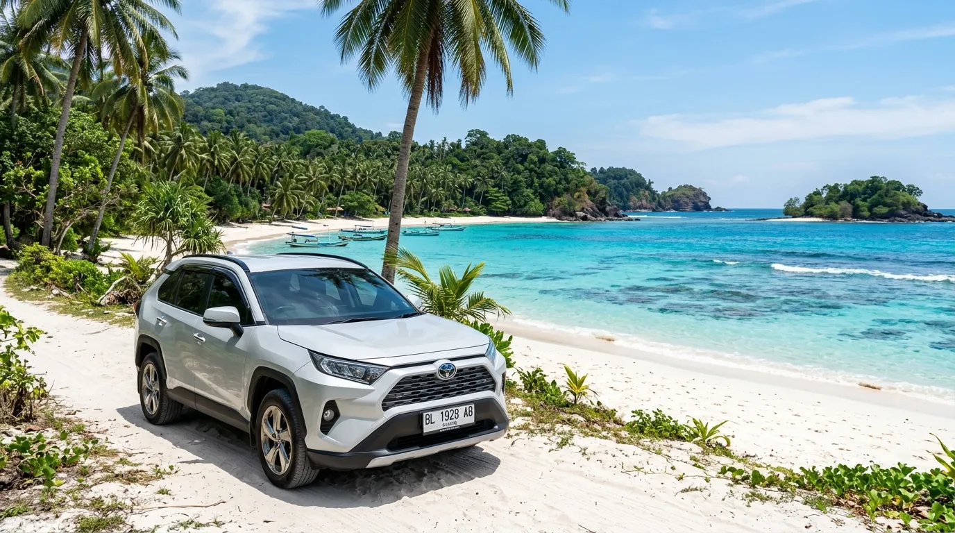 Mobil rental Toyota di tepi pantai pasir putih dan laut jernih tropis Pulau Sabang Aceh