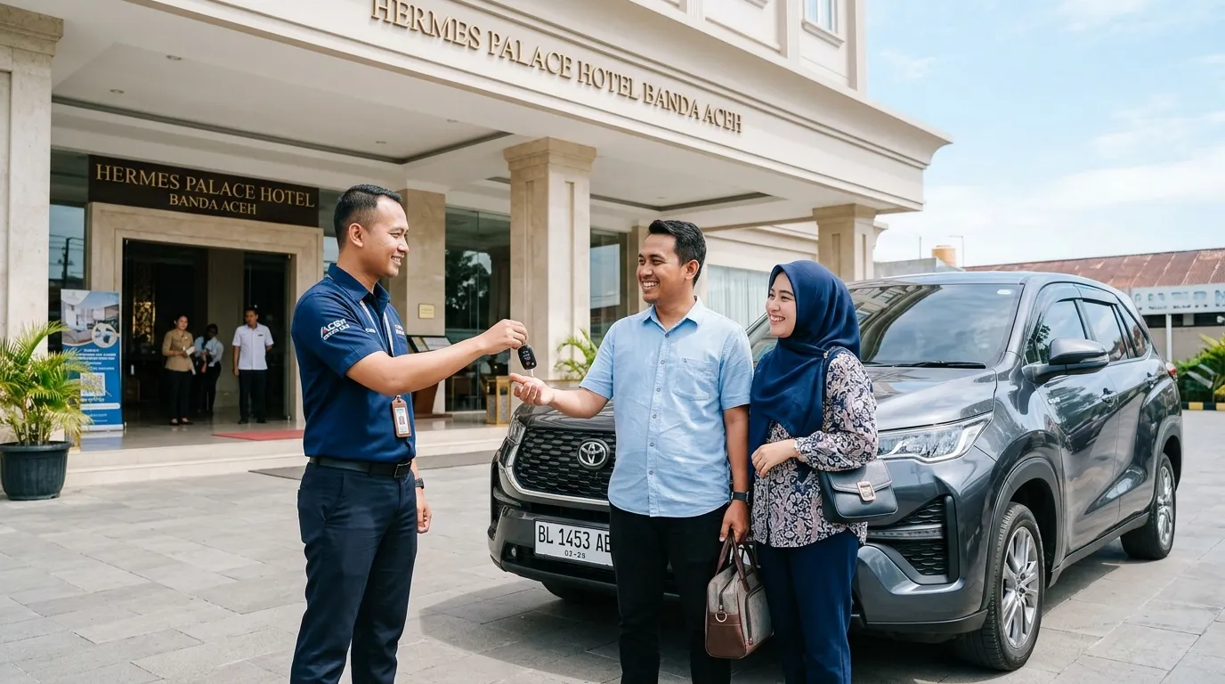Serah terima kunci rental mobil Toyota Innova kepada pelanggan di lobi Hermes Palace Hotel Banda Aceh