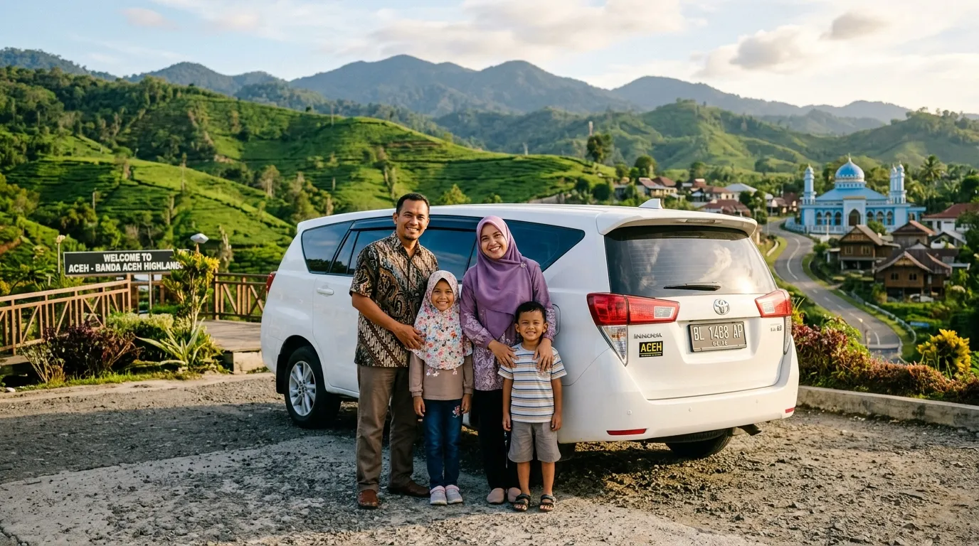 Keluarga bahagia berfoto bersama mobil rental Toyota Innova di kawasan wisata dataran tinggi Aceh